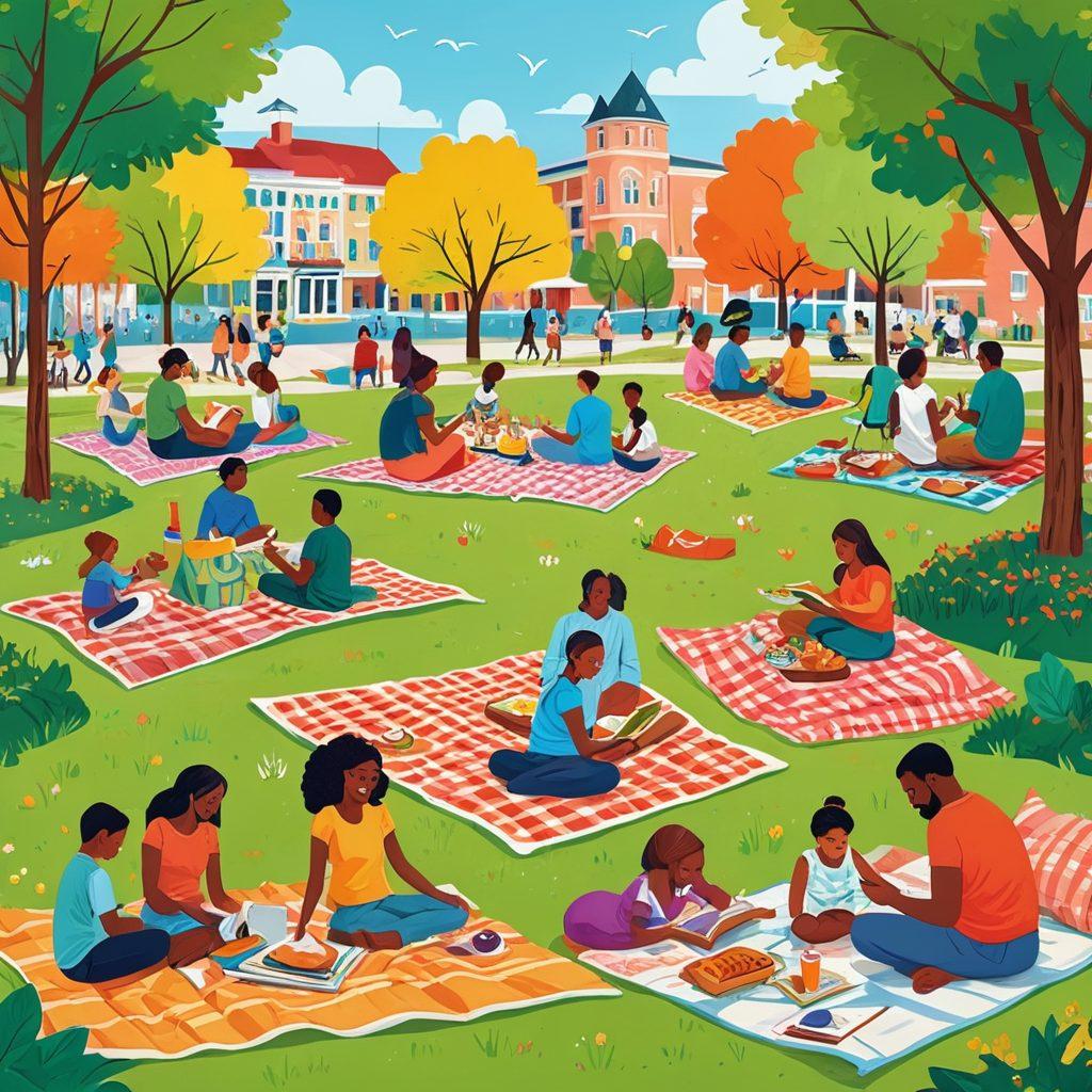 A vibrant collage showcasing various free experiences like a scenic park picnic, an art class in a community center, a free concert in a bustling city, and people enjoying nature trails. Incorporate symbols of resource sharing like books and digital screens. Aim for a bright and inviting atmosphere, with diverse people engaging joyfully. vibrant colors. flat design.