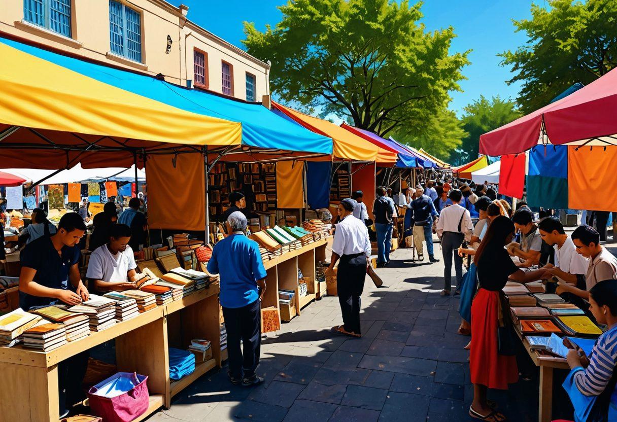 A vibrant scene depicting a colorful marketplace filled with books, musical instruments, and art supplies, illustrating the transition from entertainment to learning. Include people of diverse backgrounds engaging in various activities such as reading, painting, and playing instruments, all set under a bright blue sky. Infuse the atmosphere with elements of joy and discovery, emphasizing the richness of free offerings. super-realistic. vibrant colors.
